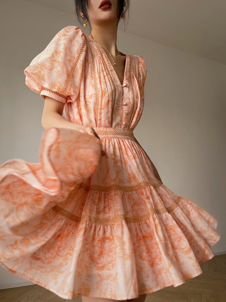 Aconiconi|Orange Bloom Sweet Dream French Print V-neck Puff Sleeve Dress