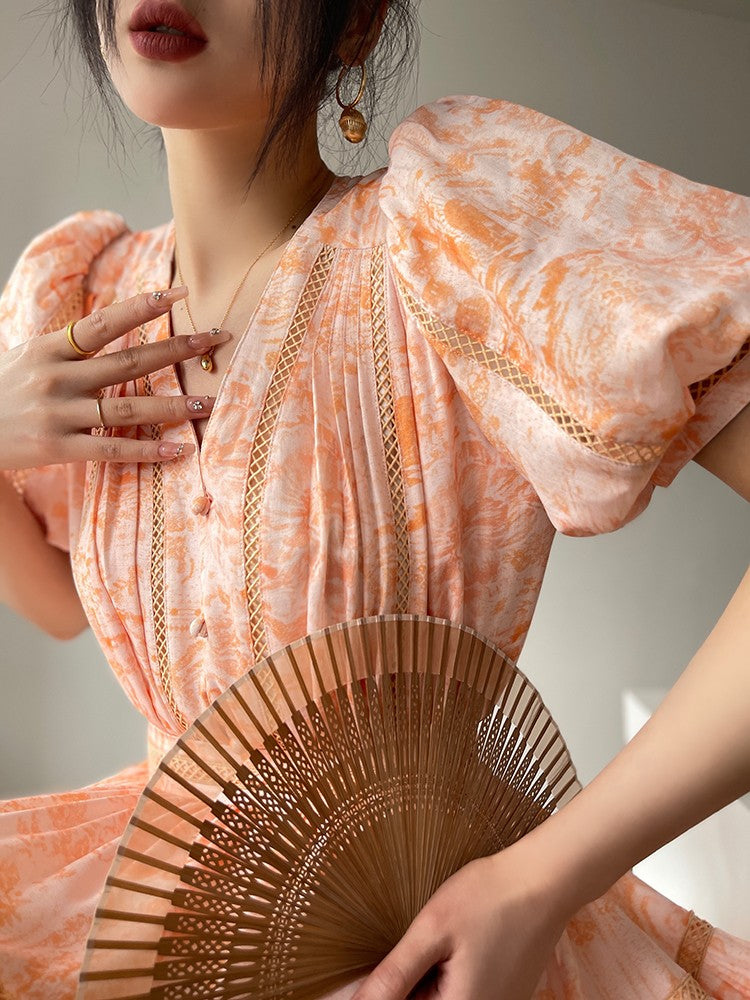 Aconiconi|Orange Bloom Sweet Dream French Print V-neck Puff Sleeve Dress