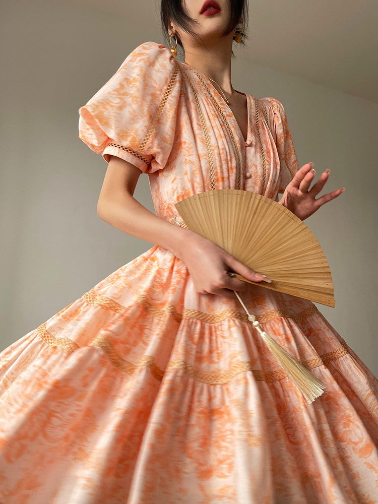 Aconiconi|Orange Bloom Sweet Dream French Print V-neck Puff Sleeve Dress