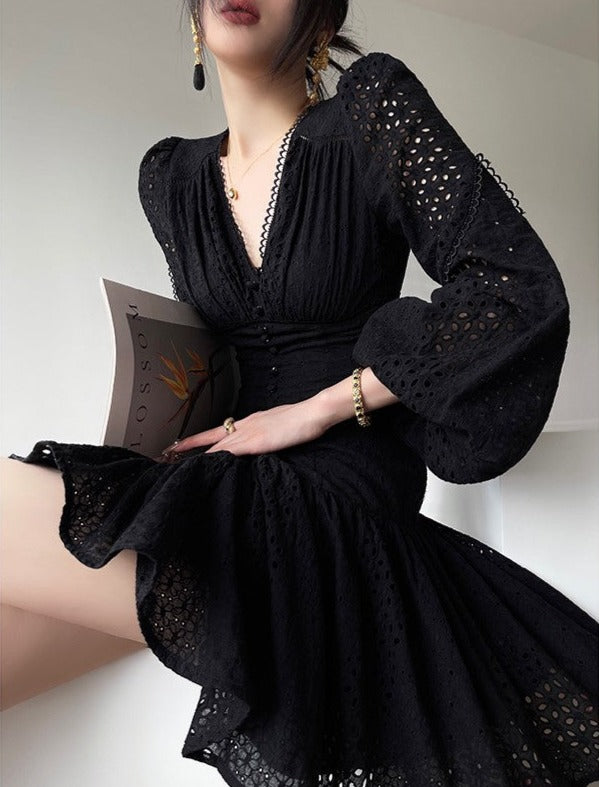 Aconiconi|White Indigo Smoked Lace Cotton Dress