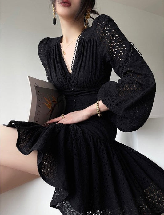 Aconiconi|White Indigo Smoked Lace Cotton Dress