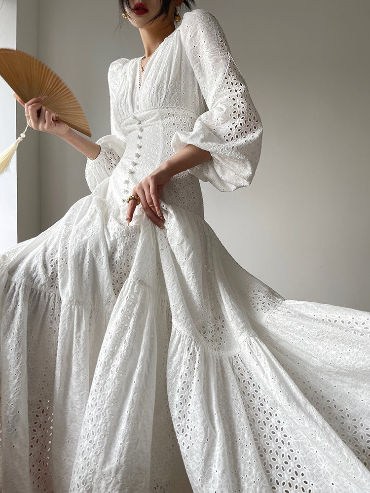Aconiconi|White Indigo Smoked Lace Cotton Dress