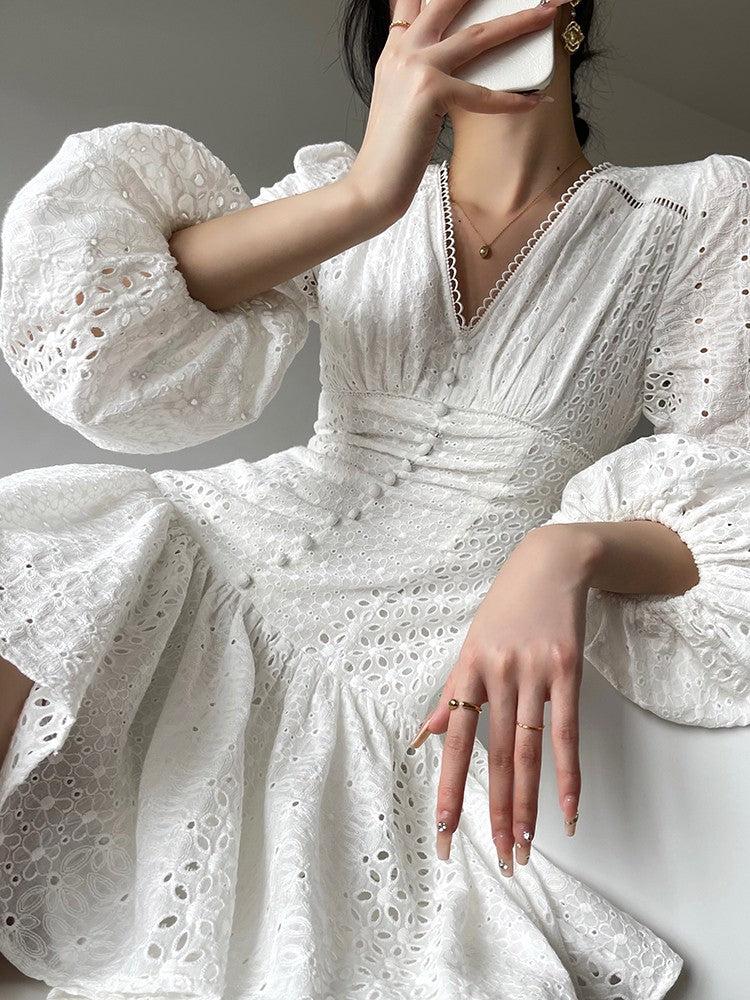 Aconiconi|White Indigo Smoked Lace Cotton Dress