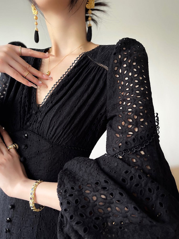 Aconiconi|White Indigo Smoked Lace Cotton Dress