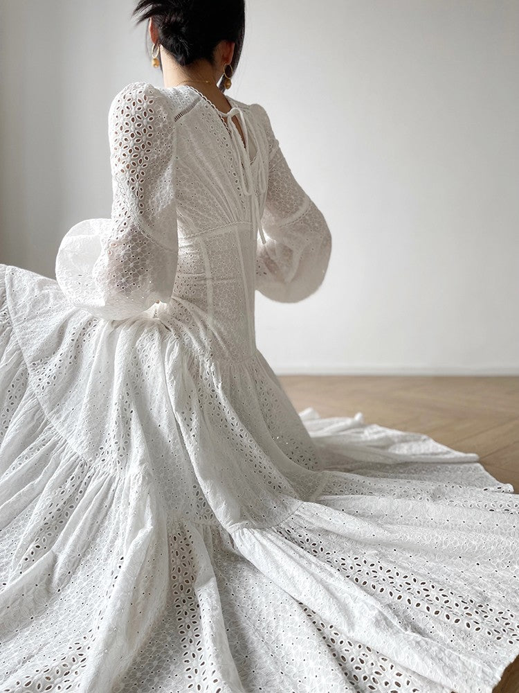 Aconiconi|White Indigo Smoked Lace Cotton Dress