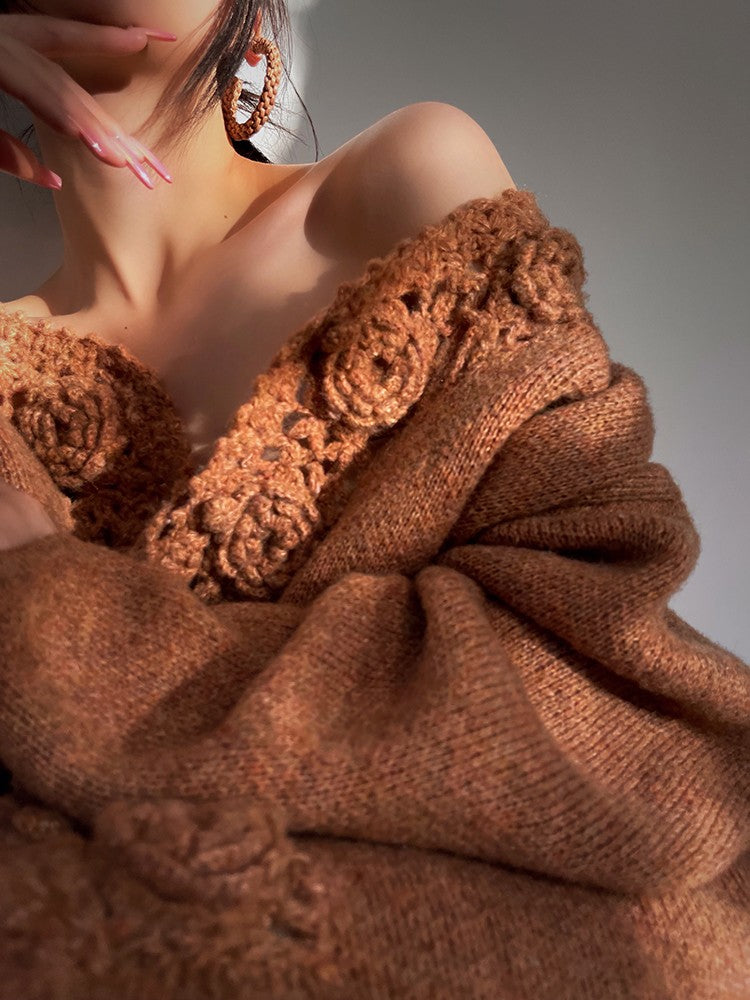 Aconiconi|Camellia Hollow Flower Wool Knit Cardigan