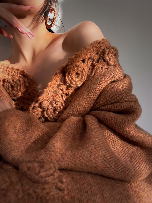 Aconiconi|Camellia Hollow Flower Wool Knit Cardigan
