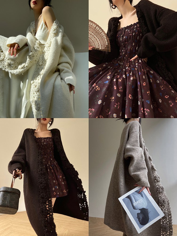 Aconiconi|Camellia Hollow Flower Wool Knit Cardigan