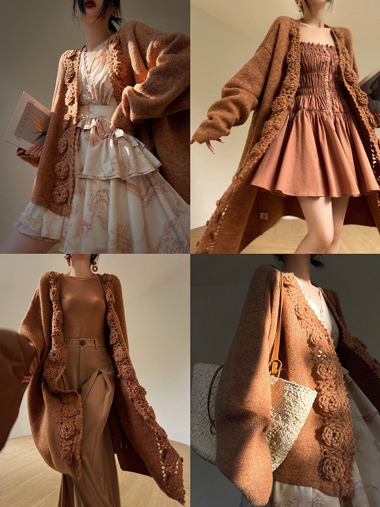 Aconiconi|Camellia Hollow Flower Wool Knit Cardigan