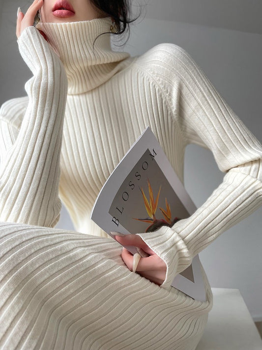 Aconiconi| Turtleneck and V-neck Knitted Long Slim Fit Dress