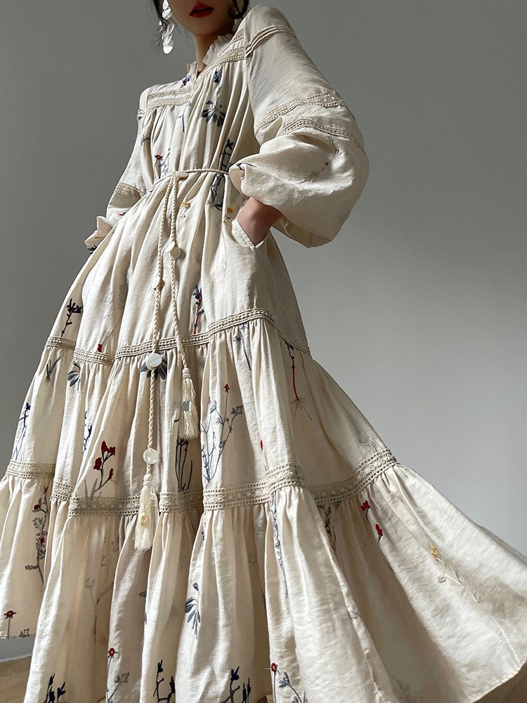 Aconiconi|Blue Hibiscus  Embroidery Linen Dress