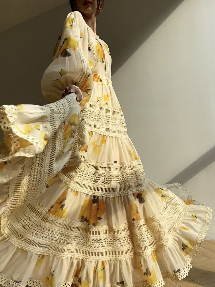 Aconiconi|Lemon Blossom Printed Lace Skirt Suit