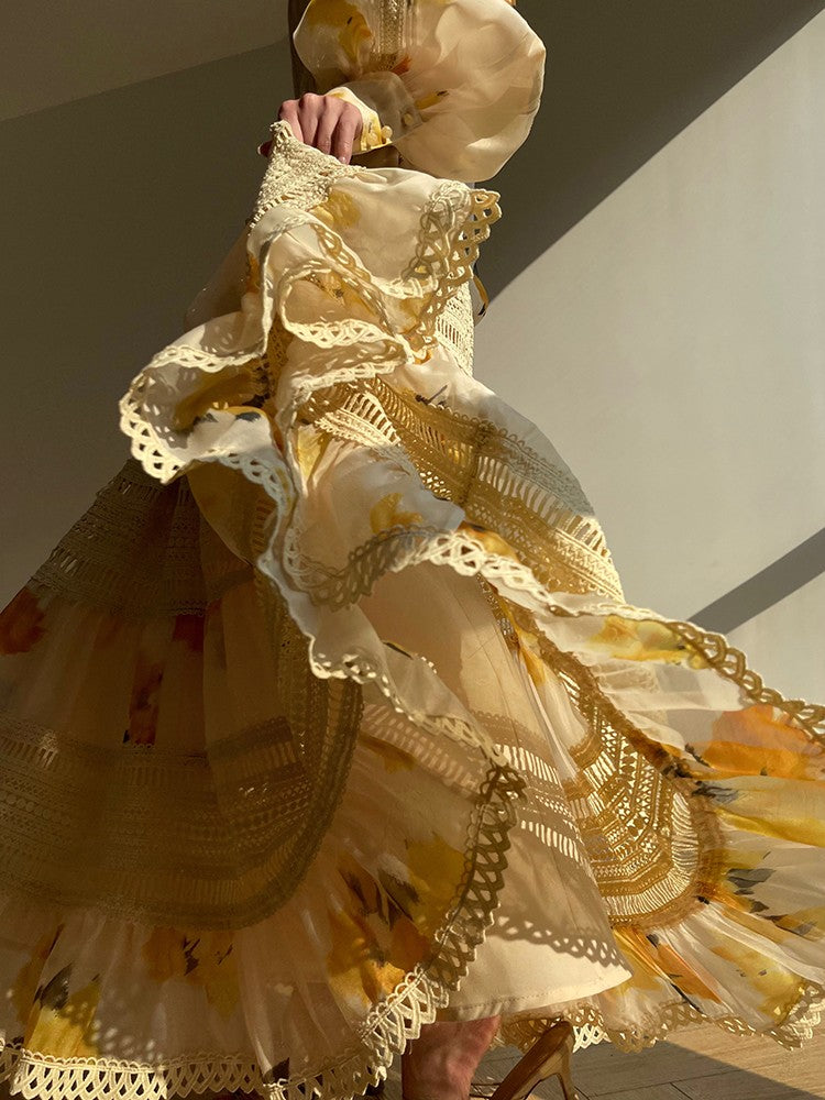Aconiconi|Lemon Blossom Printed Lace Skirt Suit