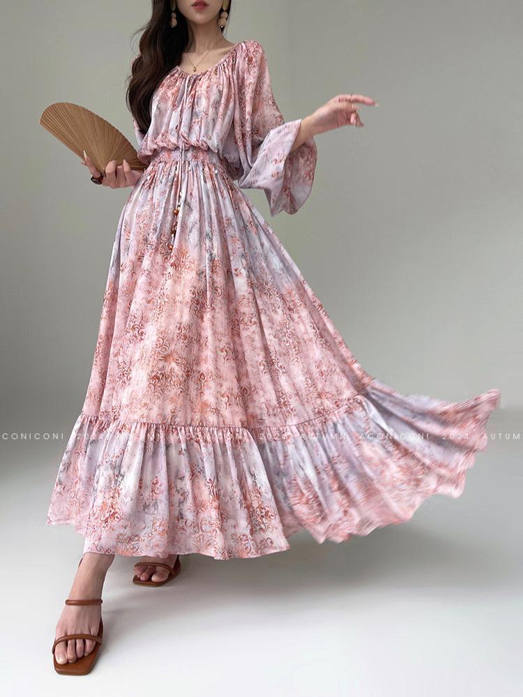 Aconiconi｜Bohemian Holiday Chiffon Beaded Dress