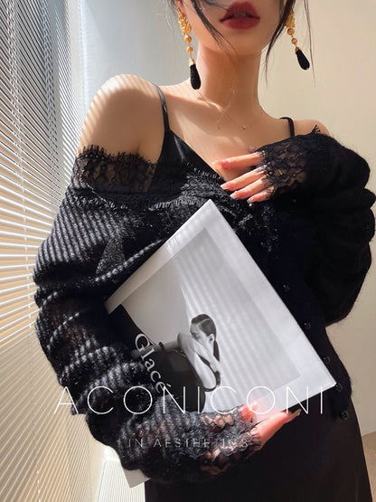 Aconiconi｜Light Dance Knit Cardigan Two-piece Lace Slim Suspender Dress
