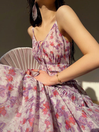 Aconiconi｜Purple Hibiscus Vine Romantic Long Dress