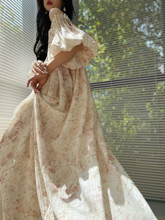 Aconiconi｜ French Retro Print Off-Shoulder Long Dress