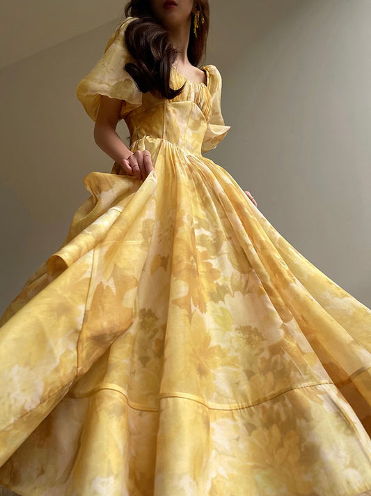 Aconiconi｜Midsummer Citron Puff Sleeve Elegant Dress