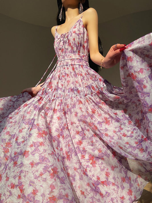 Aconiconi｜Purple Hibiscus Vine Romantic Long Dress