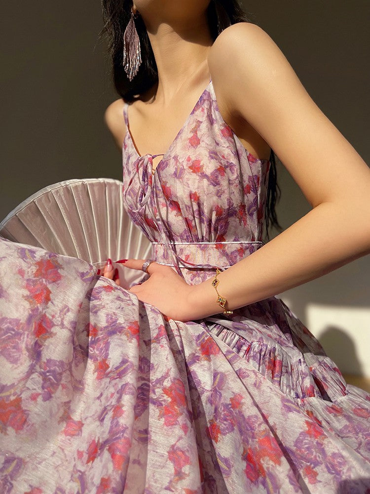 Aconiconi｜Purple Hibiscus Vine Romantic Long Dress