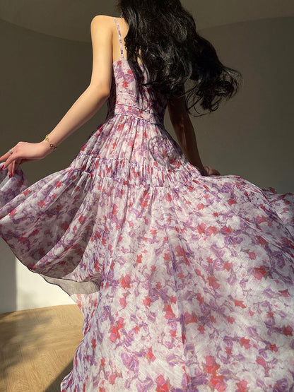 Aconiconi｜Purple Hibiscus Vine Romantic Long Dress