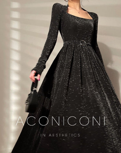 Aconiconi | Shimmer Prelude French Square Neck Long Dress