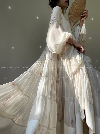 Aconiconi｜Fall Fairy Vacation Style Loose Chiffon Dress