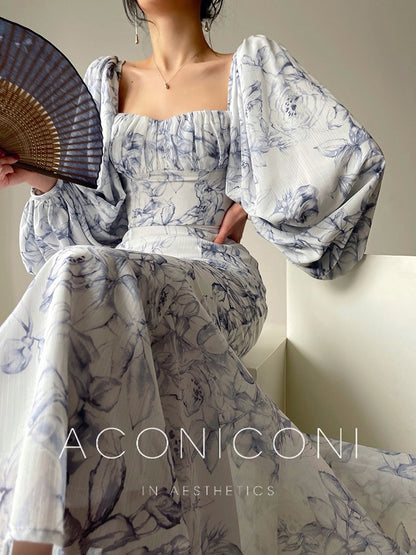 Aconiconi | Angelic Frost Flower Spring Square Neck Lantern Sleeve Set