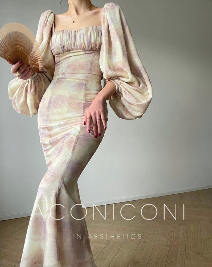 Aconiconi | Angelic Frost Flower Spring Square Neck Lantern Sleeve Set