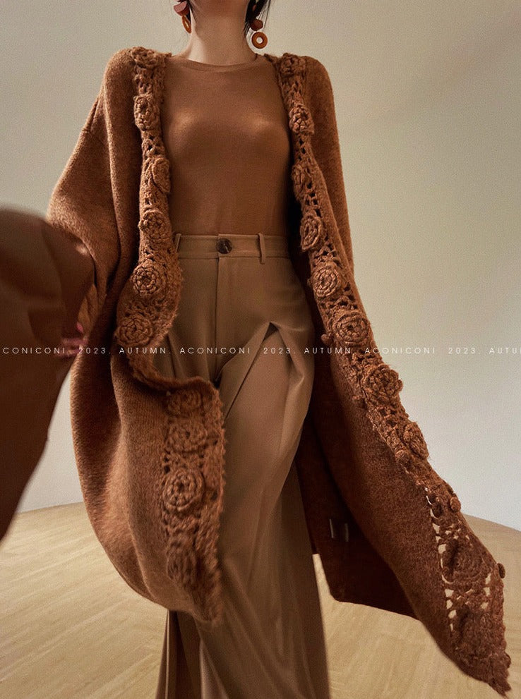 Aconiconi｜Camellia Hollow Flower Wool Knit Cardigan