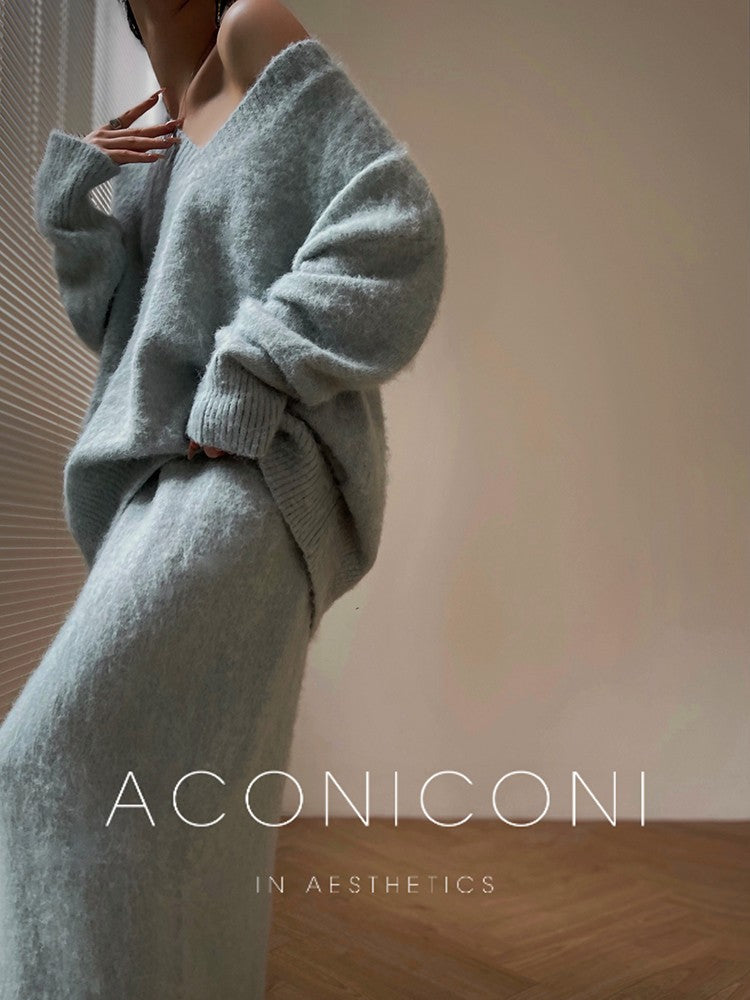 Aconiconi｜North Island girl's loose V-neck wool sweater set