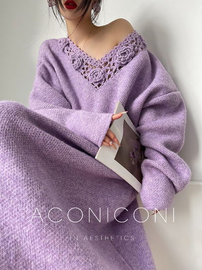 Aconiconi｜Mushan Crochet Hollow Flower  Wool Knitted Dress
