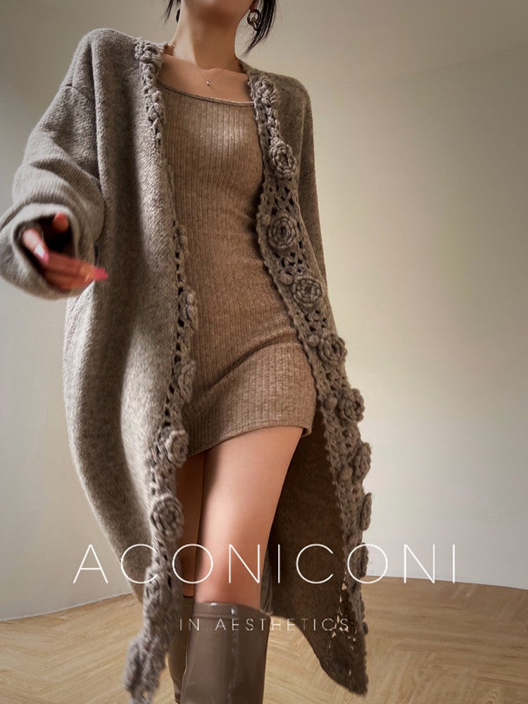 Aconiconi｜Camellia Hollow Flower Wool Knit Cardigan