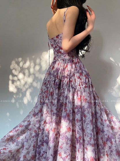 Aconiconi｜Purple Hibiscus Vine Romantic Long Dress