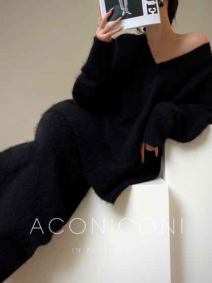 Aconiconi｜North Island girl's loose V-neck wool sweater set