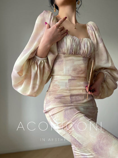 Aconiconi | Angelic Frost Flower Spring Square Neck Lantern Sleeve Set