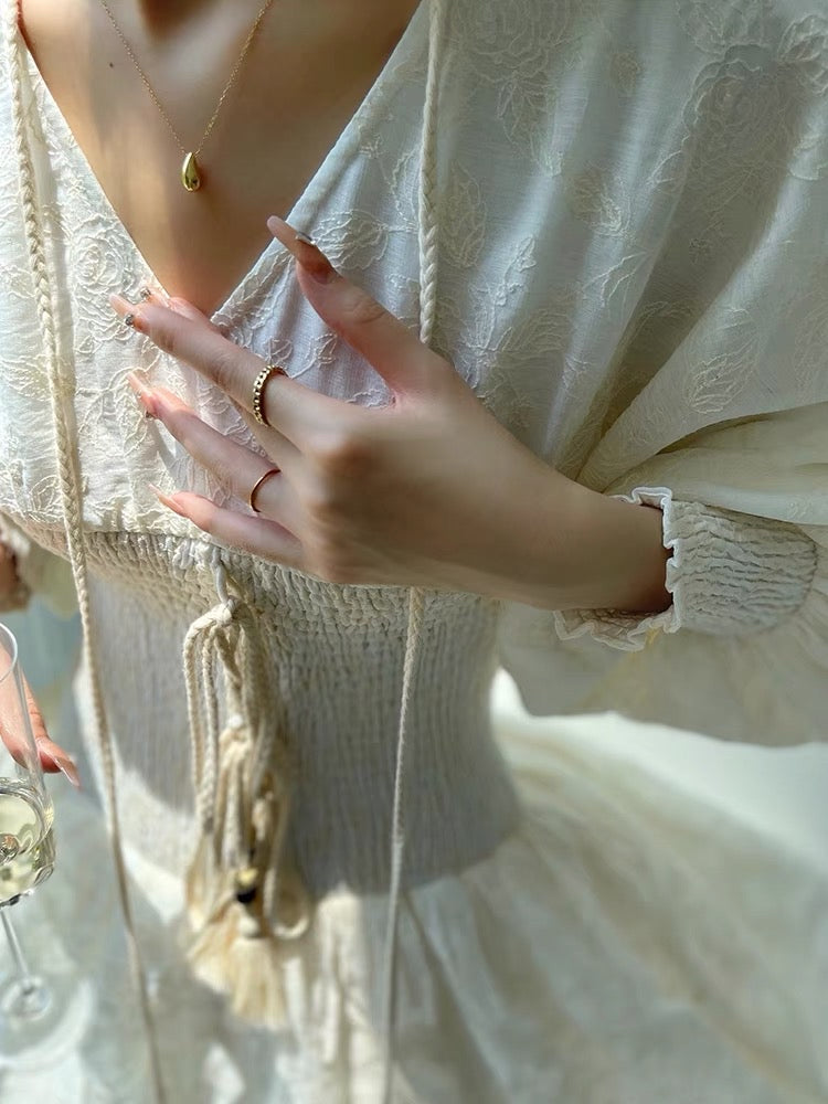 Aconiconi｜Snow Bud Evening Fragrance embroidered Elastic Waist Dress
