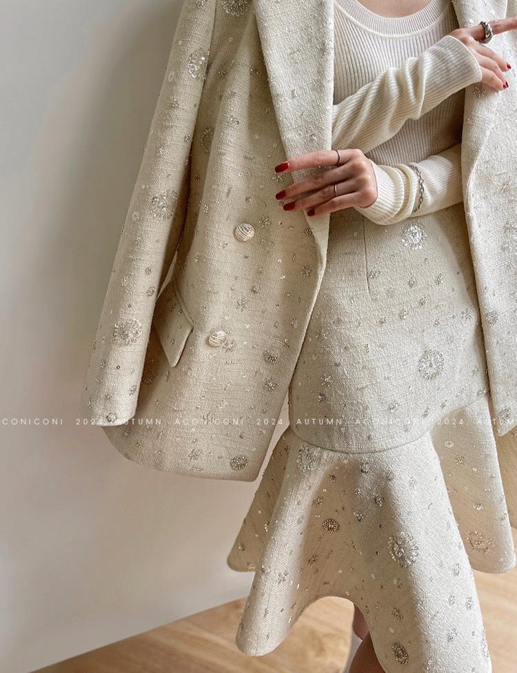 Aconiconi｜ Sand Star Wool Retro Tweed Skirt Suit