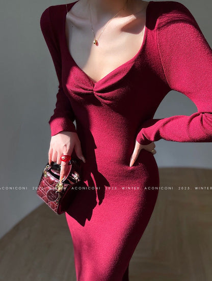Aconiconi | Dark Night Rose Elegant Slim Fit Dress