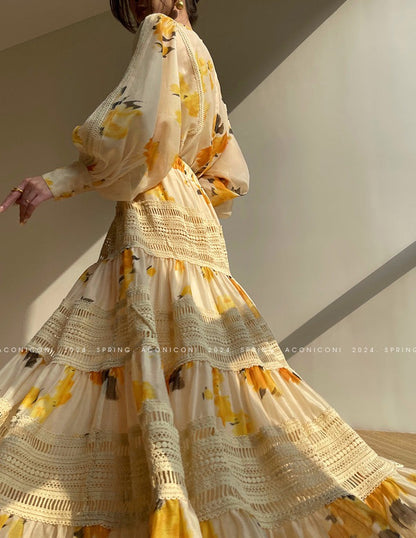 Aconiconi｜Lemon Blossom Printed Lace Skirt Suit
