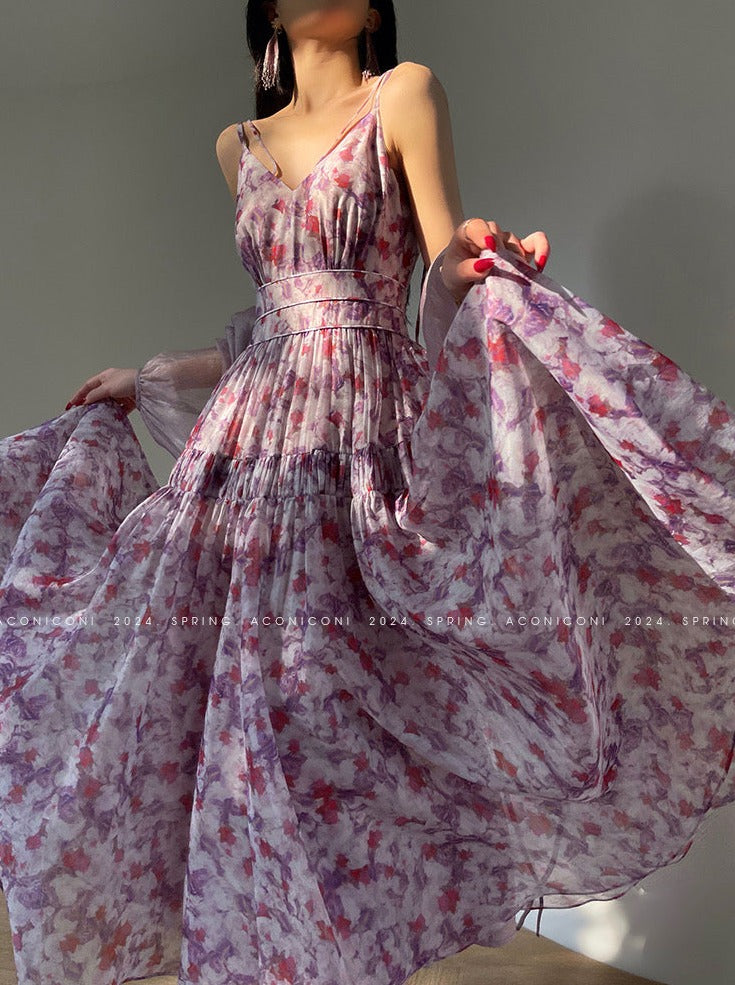 Aconiconi｜Purple Hibiscus Vine Romantic Long Dress