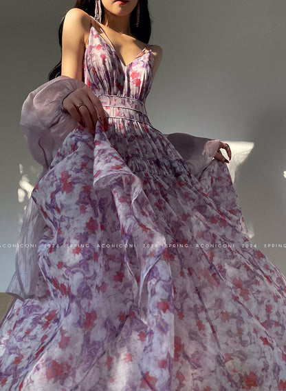 Aconiconi｜Purple Hibiscus Vine Romantic Long Dress