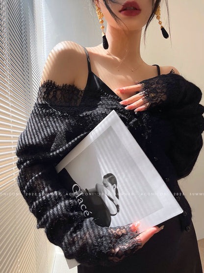 Aconiconi｜Light Dance Knit Cardigan Two-piece Lace Slim Suspender Dress