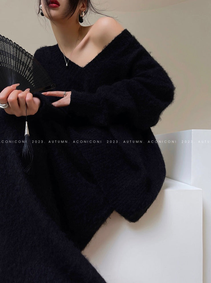 Aconiconi｜North Island girl's loose V-neck wool sweater set