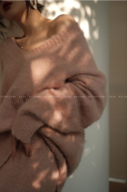 Aconiconi｜North Island girl's loose V-neck wool sweater set