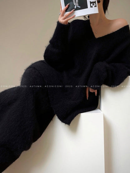 Aconiconi｜North Island girl's loose V-neck wool sweater set