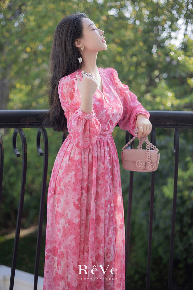 ReVe | Cherry Blossom Floral Chiffon Long-Sleeved Dress