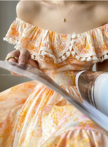 Aconiconi｜Primrose Sweet Orange Floral Lace Dress