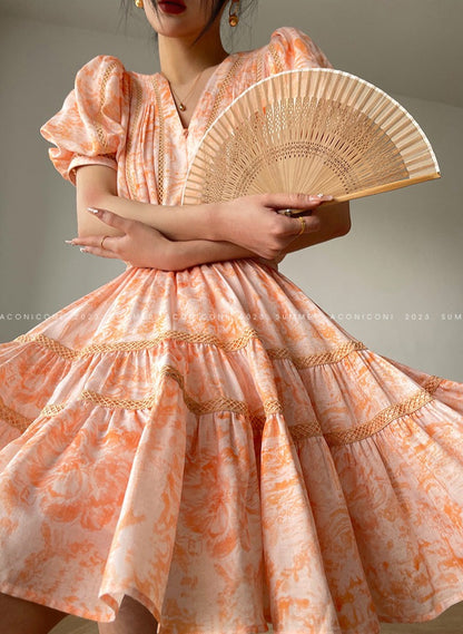 Aconiconi｜Orange Bloom Sweet Dream French Print V-neck Puff Sleeve Dress