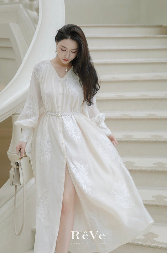 Reve | high-definition French lazy wind long-sleeved embroidery v-neck dress